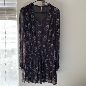 Free People Black Dress w/ Smocked waist & peacock inspired print size medium